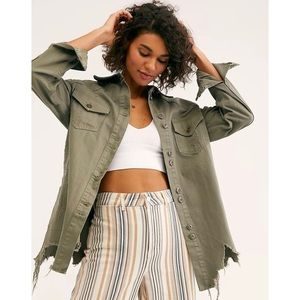 Free People *Moon-child * Distressed Denim Shirt/ Jacket in Olive-Size Large NWT